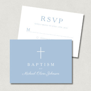 Baby Blue Religious Cross Boy Baptism RSVP Card