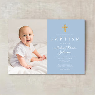 Baby Blue Religious Cross Boy Photo Baptism Invitation