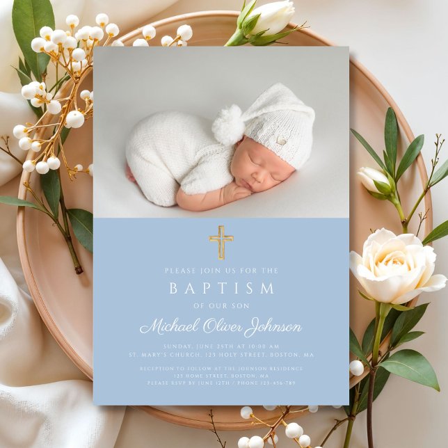 Baby Blue Religious Cross Boy Photo Baptism Invitation (Baby Blue Religious Cross Boy Photo Baptism Invitation)