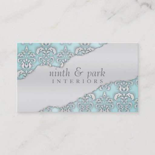 Customizable Baby Blue Ripped Damask Interior Design Business Card Template