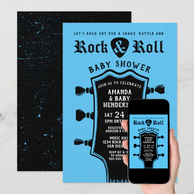 Baby Blue Rock and Roll Guitar Baby Shower Invitation Zazzle