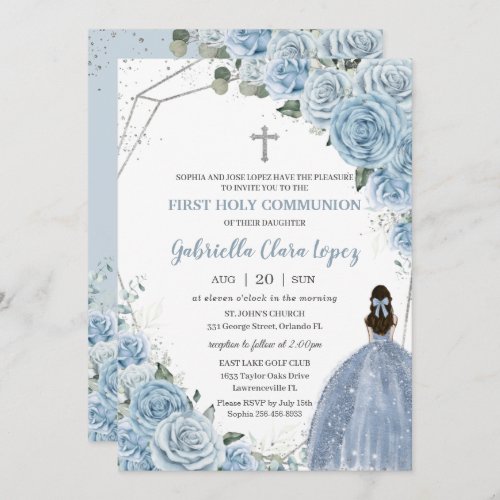 Baby Blue Rose Flowers Girl First Holy Communion  Invitation