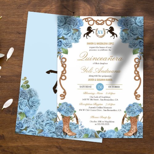 Baby Blue Rose Western Charra Quinceaera Invitation