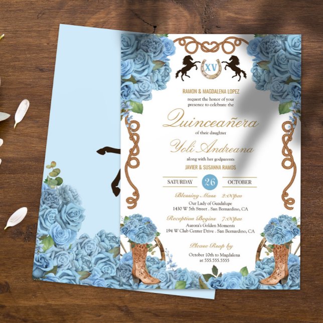 Baby Blue Rose Western Charra Quinceañera Invitation (Creator Uploaded)