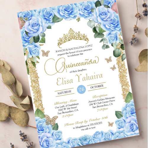 Baby Blue Roses  Butterfly Quinceanera Invitation