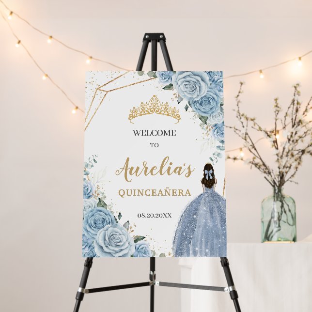 Baby Blue Roses Floral Gold Quinceañera Welcome Foam Board (In Situ (Stand))