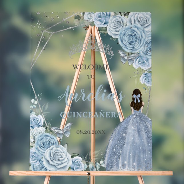 Baby Blue Roses Floral Quinceañera Crown Welcome Acrylic Sign (Neutral)