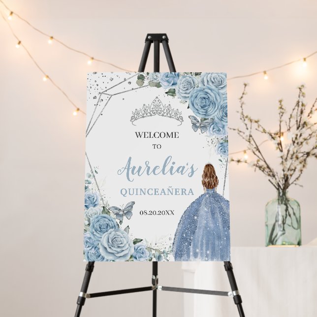 Baby Blue Roses Floral Quinceañera Crown Welcome F Foam Board (In Situ (Stand))