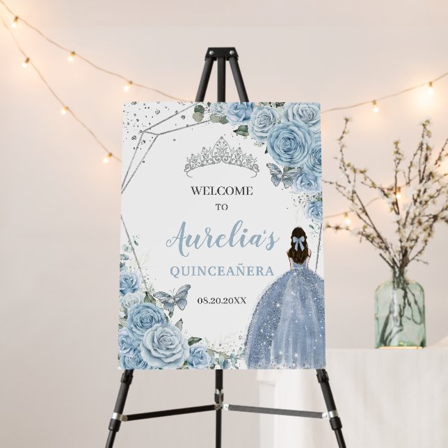 Baby Blue Roses Floral Quinceañera Crown Welcome Foam Board (In Situ (Stand))