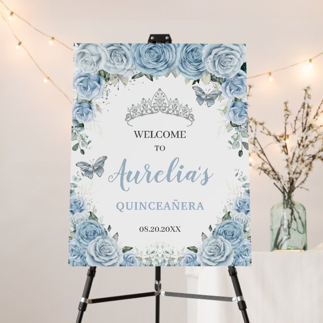 Baby Blue Roses Floral Quinceañera Sweet 16 Foam Board (In Situ (Stand))
