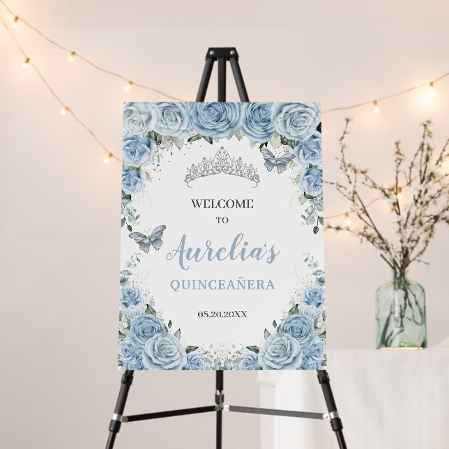 Baby Blue Roses Floral Quinceañera Tiara Welcome   Foam Board (In Situ (Stand))