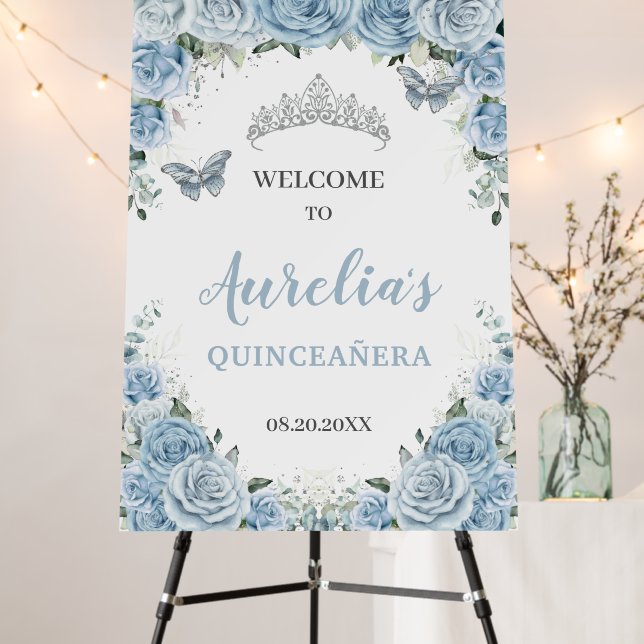 Baby Blue Roses Floral Quinceañera Tiara Welcome   Foam Board (In Situ (Stand))