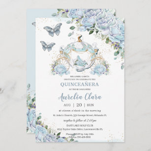 Baby Blue Roses Princess Cinderella Quinceañera Invitation