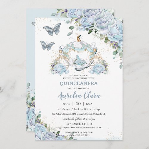 Baby Blue Roses Princess Cinderella Quinceaera Invitation