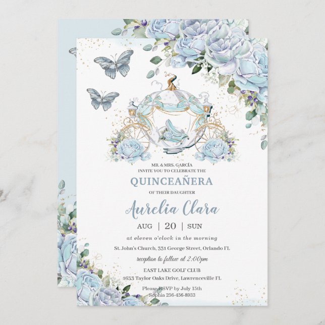 Baby Blue Roses Princess Cinderella Quinceañera Invitation (Front/Back)