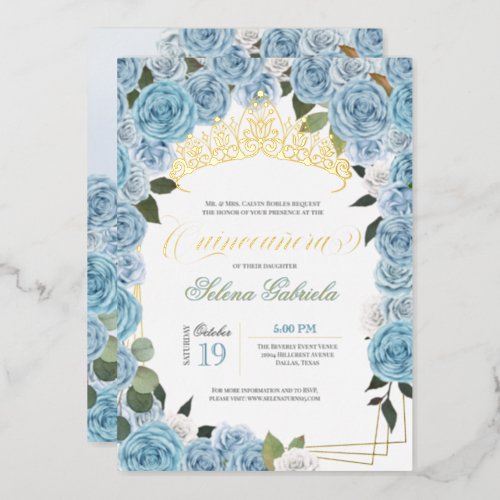Baby Blue Roses Princess Quinceanera Real Gold Foil Invitation