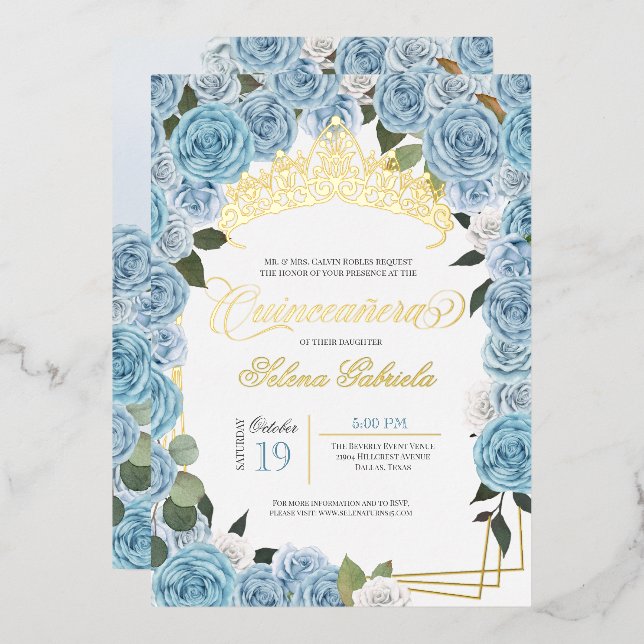 Baby Blue Roses Princess Quinceanera Real Gold Foil Invitation (Front/Back)