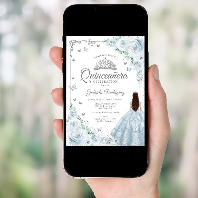 Baby Blue Roses Silver Floral Quinceanera Invitation (Front Digital)