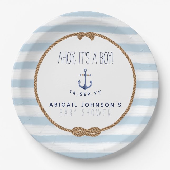 Baby Blue Rustic Nautical Ahoy Boy Baby Shower Paper Plates (Front)