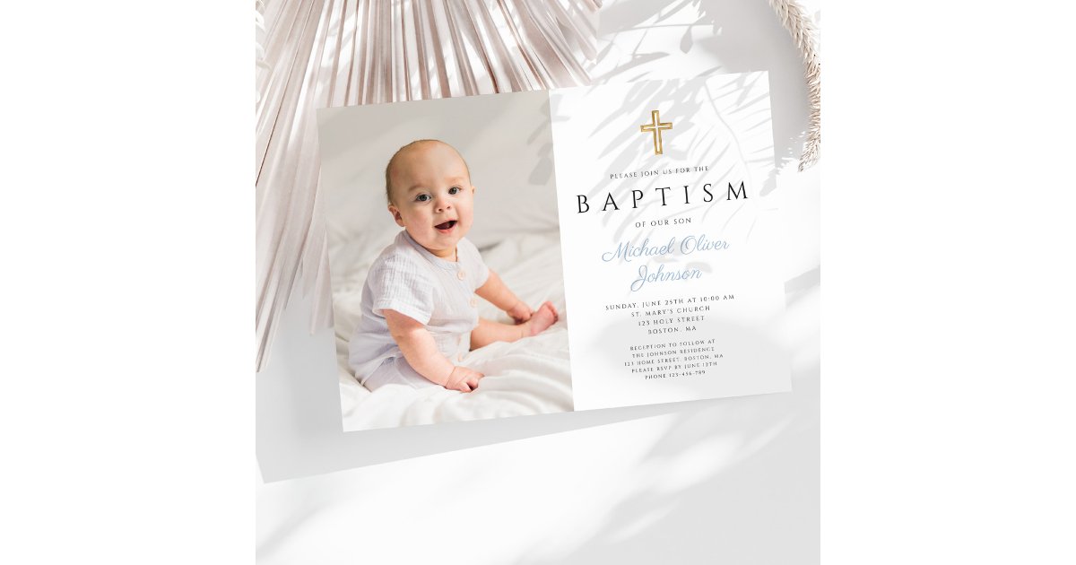 Baby Blue Script Cross Boy Photo Baptism Invitation | Zazzle