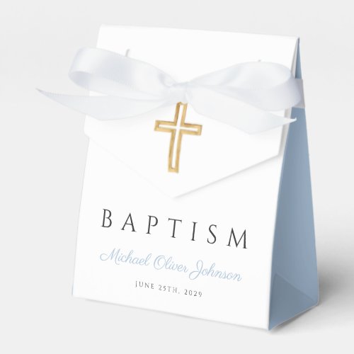 Baby Blue Script Religious Cross Boy Baptism Favor Boxes