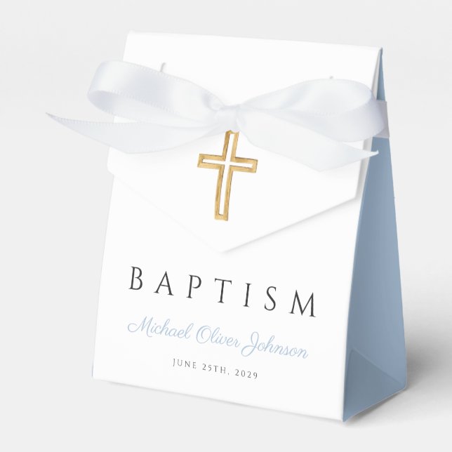 Baby Blue Script Religious Cross Boy Baptism Favor Boxes (Front Side)