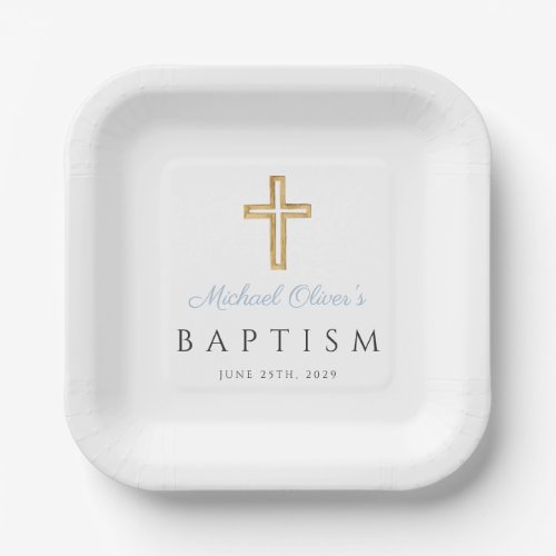 Baby Blue Script Religious Cross Boy Baptism