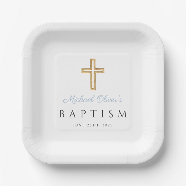 Baby Blue Script Religious Cross Boy Baptism Paper Plates (Front)