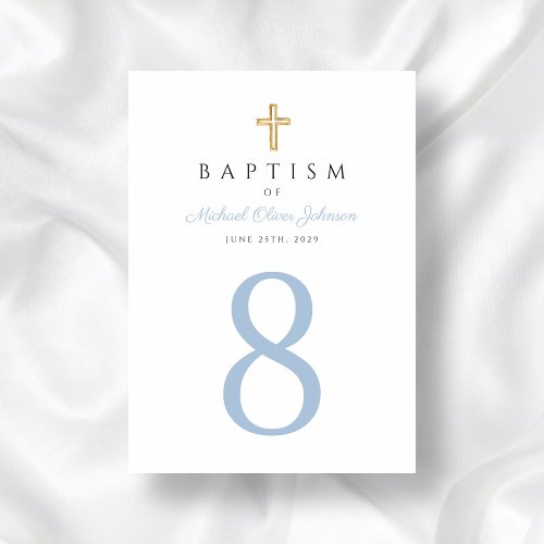 Baby Blue Script Religious Cross Boy Baptism Table Number
