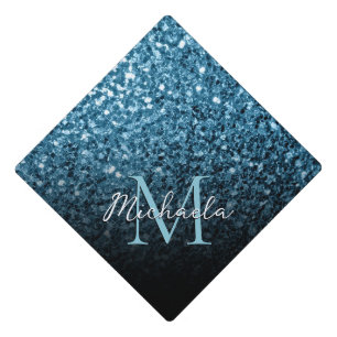 Baby Blue shiny faux glitter sparkle Monogram Graduation Cap Topper