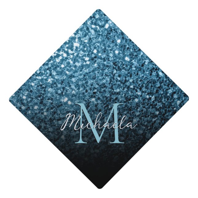 Baby Blue shiny faux glitter sparkle Monogram Graduation Cap Topper (Front)