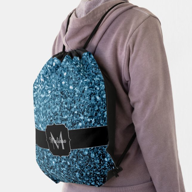 Baby blue shiny faux glitter sparkles Monogram Drawstring Bag (Insitu)