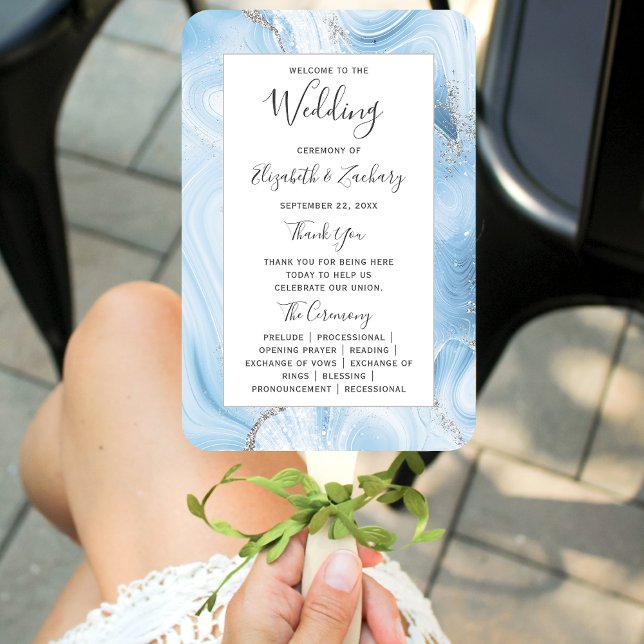 Baby Blue Silver Agate Wedding Program Hand Fan (Creator Uploaded)