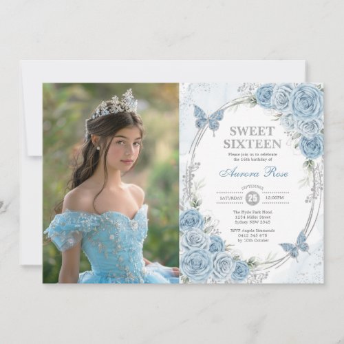 Baby Blue Silver Butterfly Sweet 16 Birthday Photo Invitation