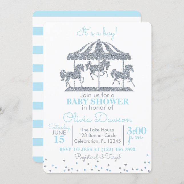 Baby Blue & Silver Carousel Boy Baby Shower Invitation (Front/Back)