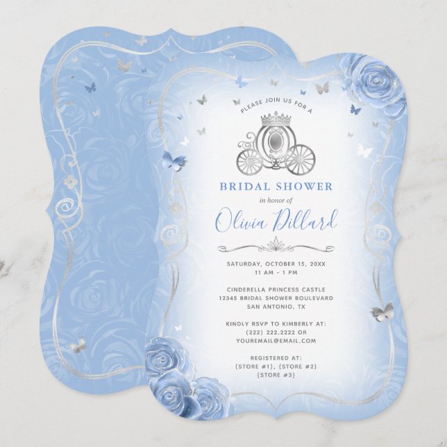 Baby Blue Silver Cinderella Princess Bridal Shower Invitation (Front/Back)