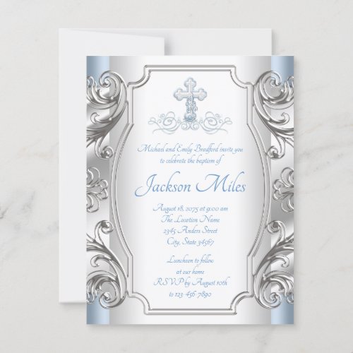 Baby Blue Silver Cross Baptism Christening Invitation