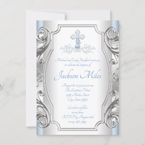 Baby Blue Silver Cross Boy Baptism Christening Invitation