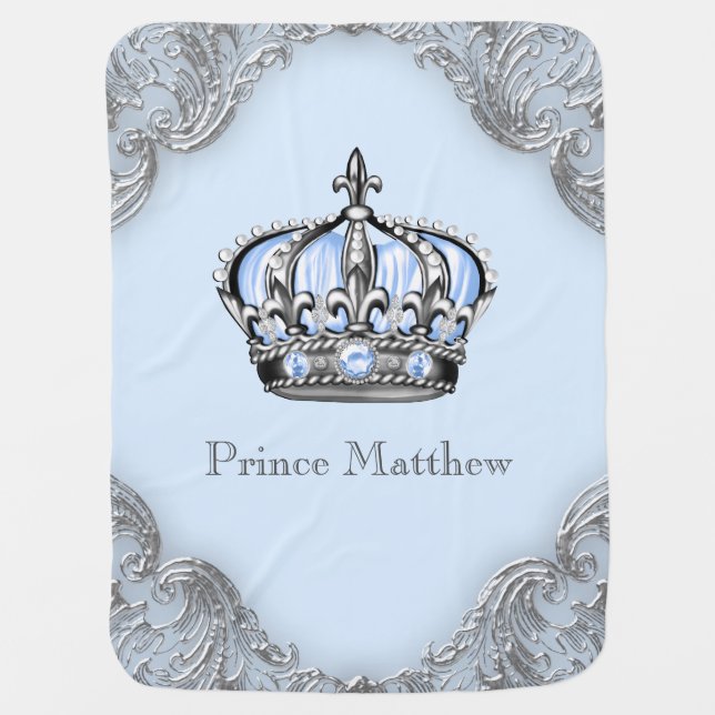 Baby Blue Silver Crown Prince Receiving Blanket (Front)