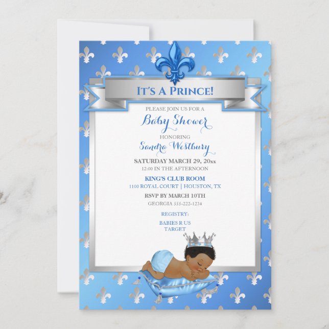 Baby Blue & Silver Fleur African American Prince Invitation (Front)