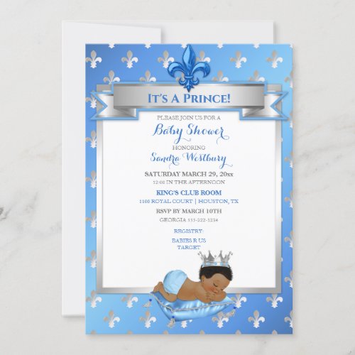 Baby Blue  Silver Fleur African American Prince Invitation