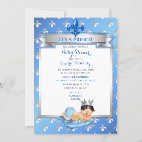 Baby Blue  Silver Fleur de Lis Prince Pillow Invitation