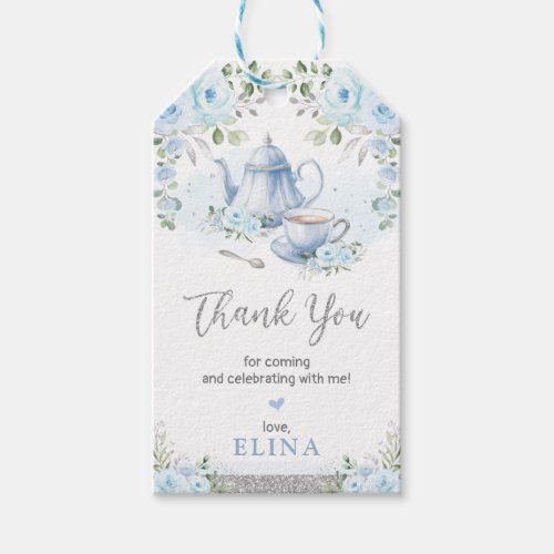 Baby Blue Silver Floral Garden Tea Party Gift Tags