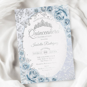 Baby Blue Silver Floral Quinceanera Foil Invitation