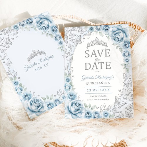 Baby Blue Silver Floral Quinceanera Save The Date