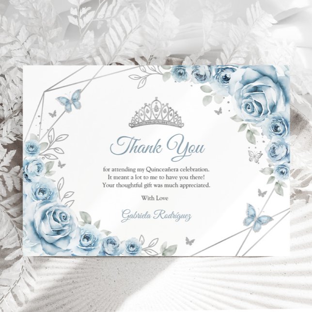 Baby Blue Silver Floral Quinceanera Thank You Card (Creator Uploaded)