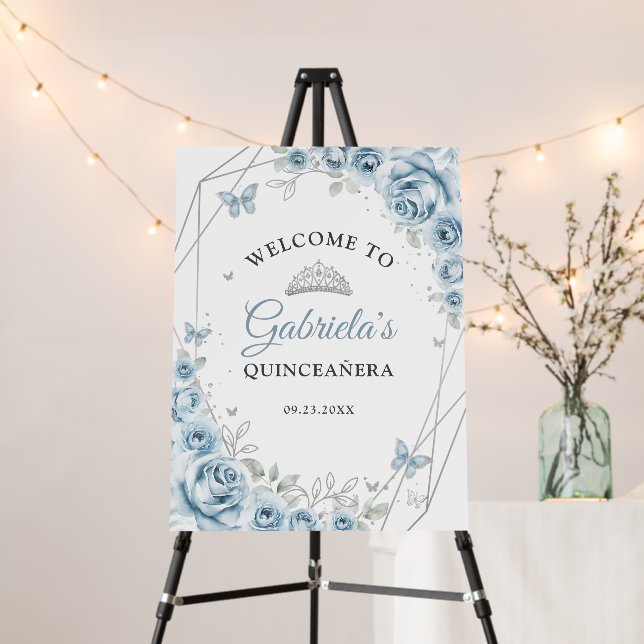 Baby Blue Silver Floral Quinceanera Welcome Foam Board (In Situ (Stand))