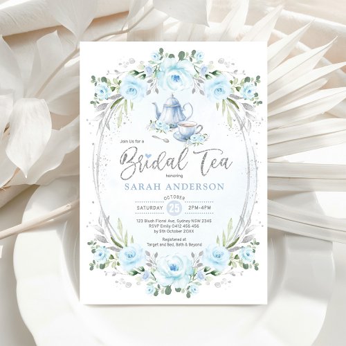Baby Blue Silver Flower Bridal Shower Tea Party Invitation