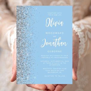 Baby Blue Silver Glitter Calligraphy Wedding Invitation