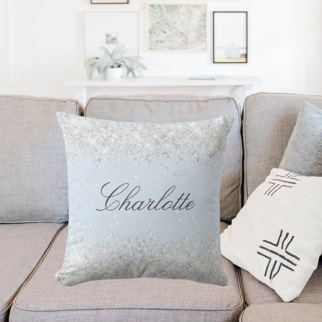Baby blue silver glitter dust name elegant throw pillow (Creator Uploaded)